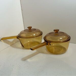 Vintage Corning Visions amber glass 1L & 1.5L pots with lids